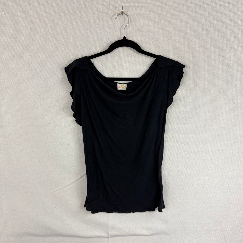 Kashieca Black Ruffle Cap Sleeve Scoop Neck Knit Blouse‎ Top Large